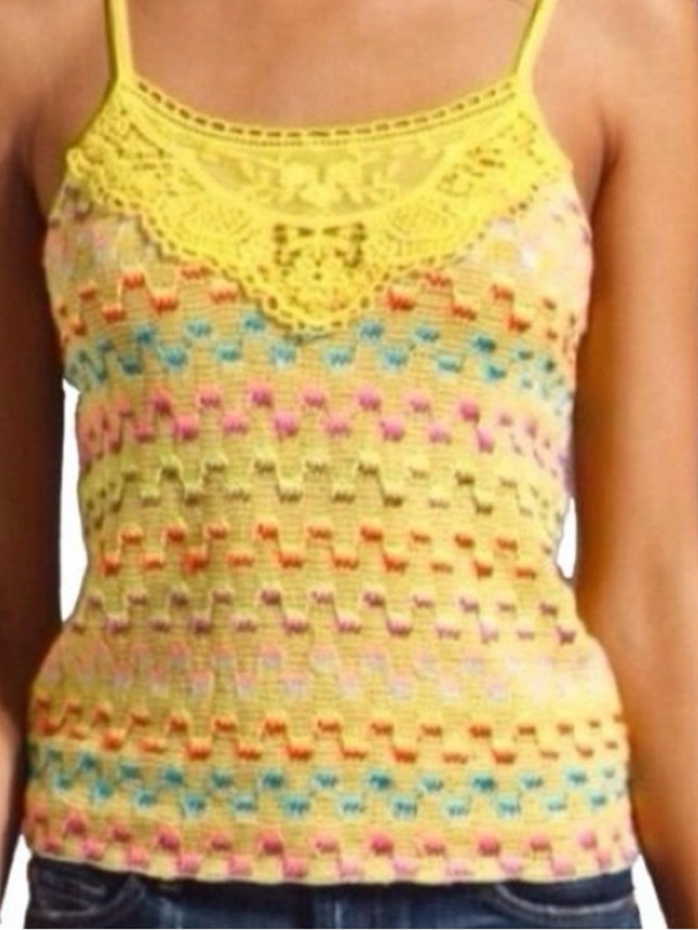 Free People Heartbreak Rochelle Yellow Crochet Lace Trim Spaghetti Tank Top